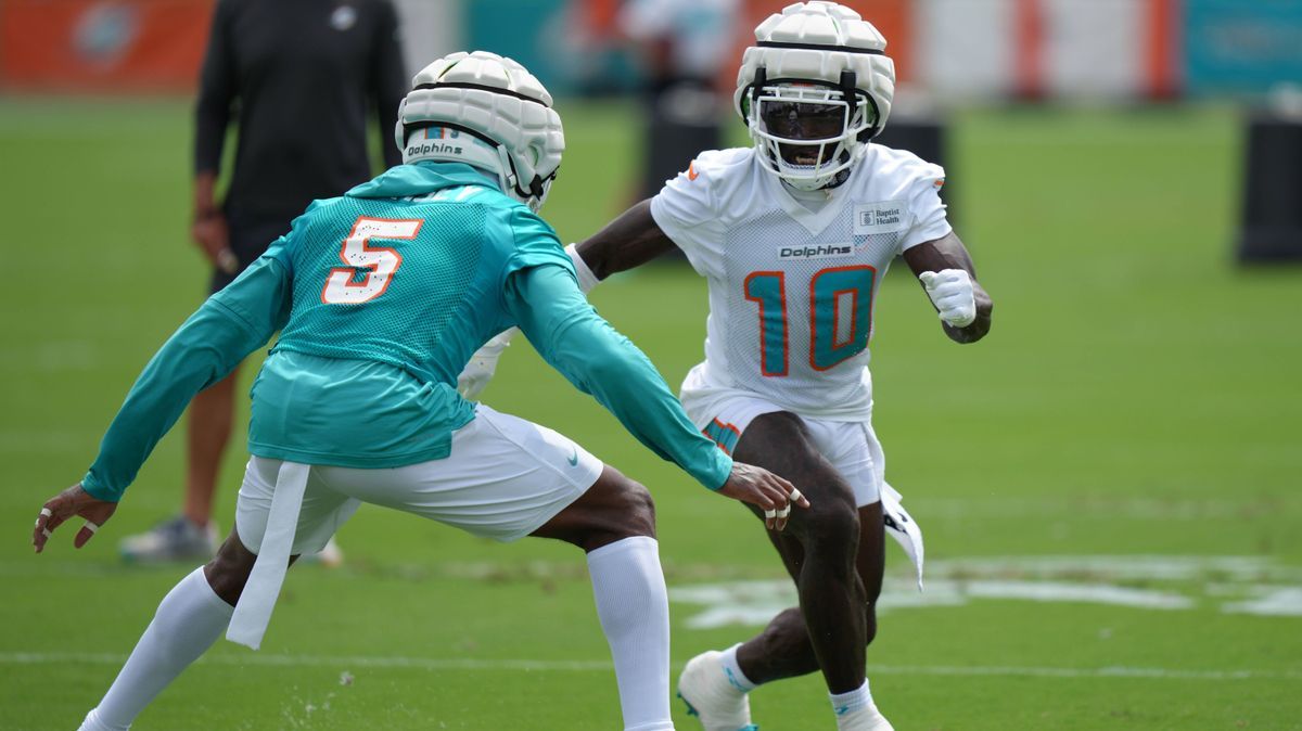 MIAMI GARDENS, FL - AUGUST 01: Miami Dolphins wide receiver Tyreek Hill (10) goes one on one with Miami Dolphins cornerback Jalen Ramsey (5) during Dolphins Training Camp on Thursday, August 1, 202...