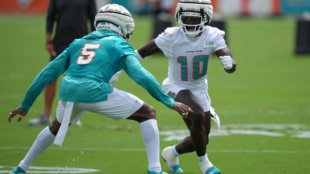 MIAMI GARDENS, FL - AUGUST 01: Miami Dolphins wide receiver Tyreek Hill (10) goes one on one with Miami Dolphins cornerback Jalen Ramsey (5) during Dolphins Training Camp on Thursday, August 1, 202...