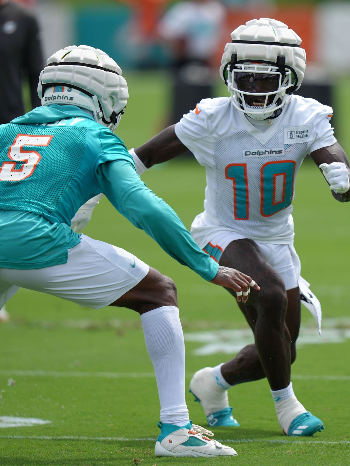 MIAMI GARDENS, FL - AUGUST 01: Miami Dolphins wide receiver Tyreek Hill (10) goes one on one with Miami Dolphins cornerback Jalen Ramsey (5) during Dolphins Training Camp on Thursday, August 1, 202...