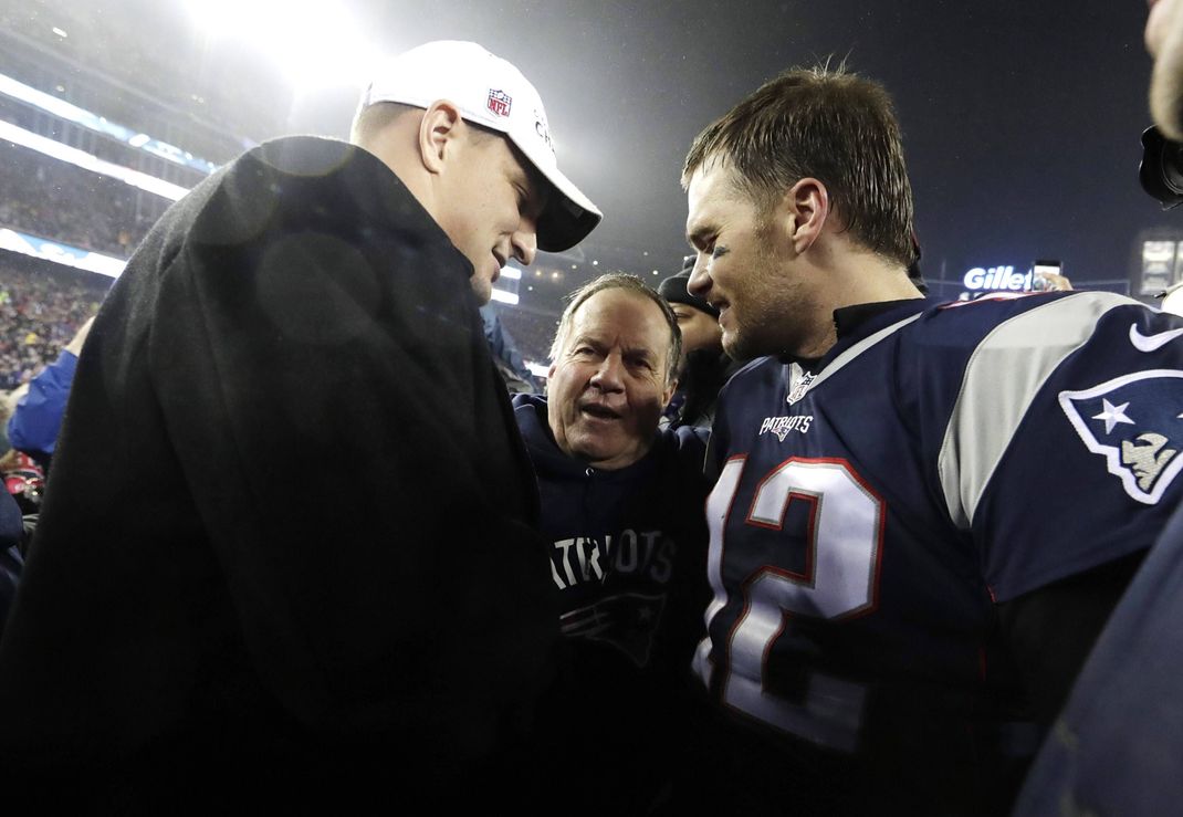 Erfolgstrio: Rob Gronkowski,&nbsp;Bill Belichick und Tom Brady (v.l.) haben bei den New England Patriots gemeinsam eine Ära geprägt