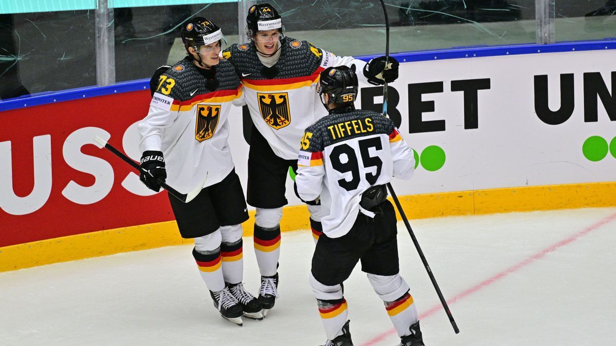 Joshua Samanski (GER, middle) celebrates his goal during the Group B match Norway vs Germany at the 2025 IIHF Ice hockey, Eishockey World Championship, WM, Weltmeisterschaft in Herning, Denmark, Ma...