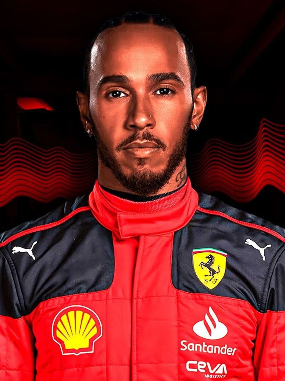 Sneakpreview auf die Saison 2025: Lewis Hamilton im Ferrari-Overall (Fotomontage)