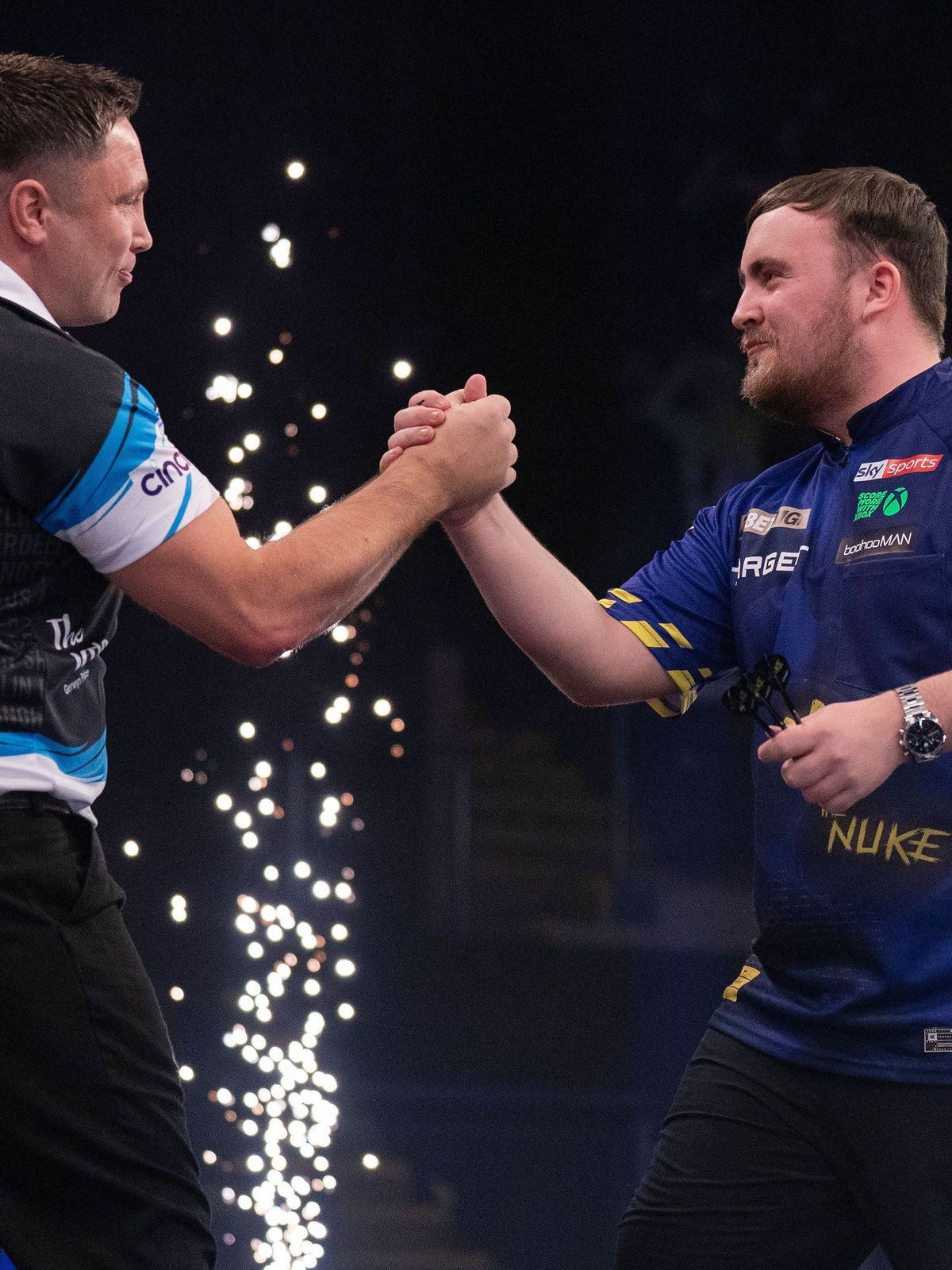 BetMGM Premier League Darts Handshake between Gerwyn Price and Luke Littler after the final during the BetMGM Premier League Darts Night 6 at the Motorpoint Arena, Nottingham, England, United Kingd...