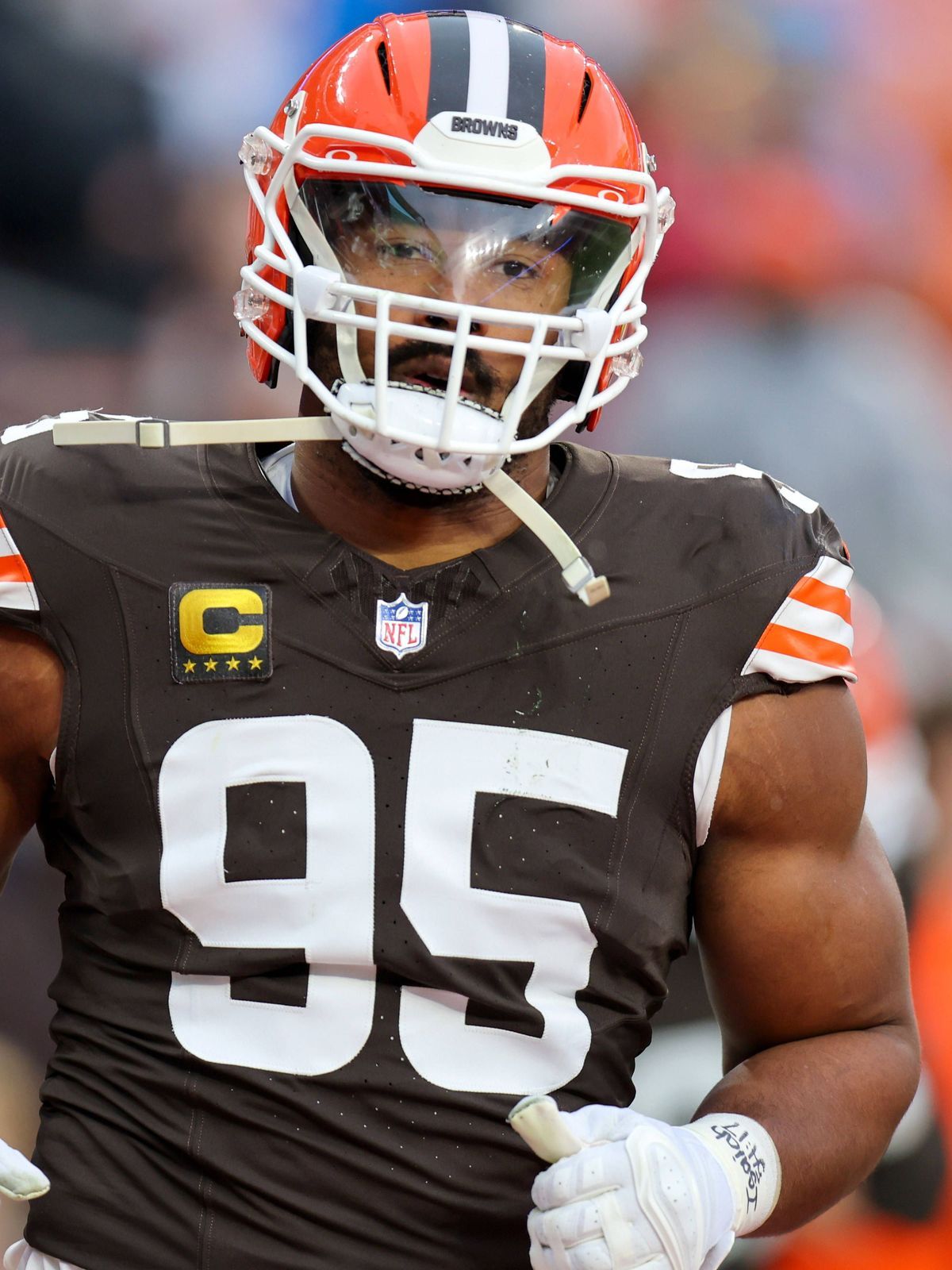 CLEVELAND, OH - DECEMBER 29: Cleveland Browns defensive end Myles Garrett (95) on the field prior to the National Football League game between the Miami Dolphins and Cleveland Browns on December 29...