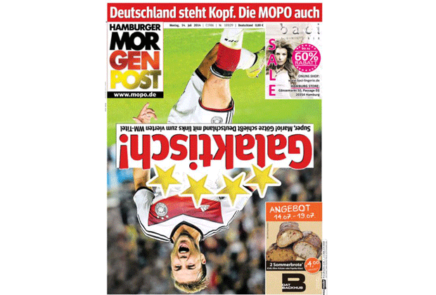 
                <strong>Hamburger Morgenpost</strong><br>
                "Deutschland steht Kopf. Die MOPO auch", so betitelt die "Hamburger Morgenpost" das WM-Finale. Nachvollziehbar ist es in jedem Fall. 
              