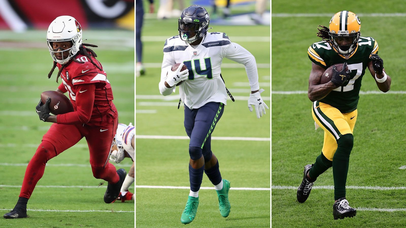 
                <strong>NFC - Wide Receivers (drei Spieler)</strong><br>
                DeAndre Hopkins (Arizona Cardinals), D.K. Metcalf (Seattle Seahawks) und Davante Adams (Green Bay Packers; von links nach rechts) - In der NFC wimmelt es von guten Passempfängern, gerade deswegen fiel die Entscheidung für die Besetzung der Wide Receiver auch besonders schwer. Letztlich verdienen sich aber alle drei Spieler ihre Teilnahme, vor allem D.K. Metcalf gelang 2020 der Aufstieg in die Riege der besten Receiver. DeAndre Hopkins dominiert die NFL mit 912 Yards und bildet mit Kyler Murray das neue gefährliche Offensiv-Duo in der NFL. Davante Adams ist hingegen der einzige Receiver mit mehr als 100 Yards pro Spiel (105,9) und steht mit neun Touchdowns an der Spitze der NFL.
              