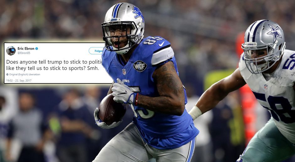 
                <strong>Eric Ebron</strong><br>
                Eric Ebron, Tight End bei den Detroit Lions, kann nur den Kopf schütteln. Er fordert seinen Präsidenten dazu auf, sich auf die Politik zu konzentrieren. Die Politiker wollen schließlich auch, dass sich Footballer auf ihren Sport konzentrieren.
              