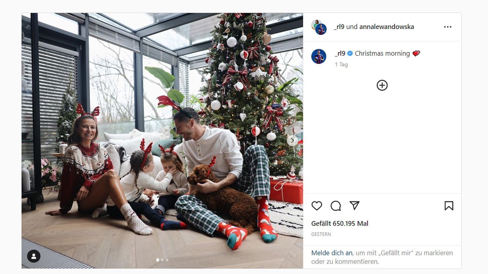 
                <strong>Robert Lewandowski (Fußballer, FC Barcelona) </strong><br>
                Barcelona-Stürmer Robert Lewandowski beginnt den Weihnachtsmorgen mit seiner Familie. In der besinnlichen Zeit erfreut sich der Pole an seinen Liebsten, bevor es in der spanischen LaLiga wieder in die Rückrunde geht. Hier kann der 34-jährige Stürmer Barca aber wegen seiner Liga-Sperre vorerst nicht mit Toren helfen. 
              