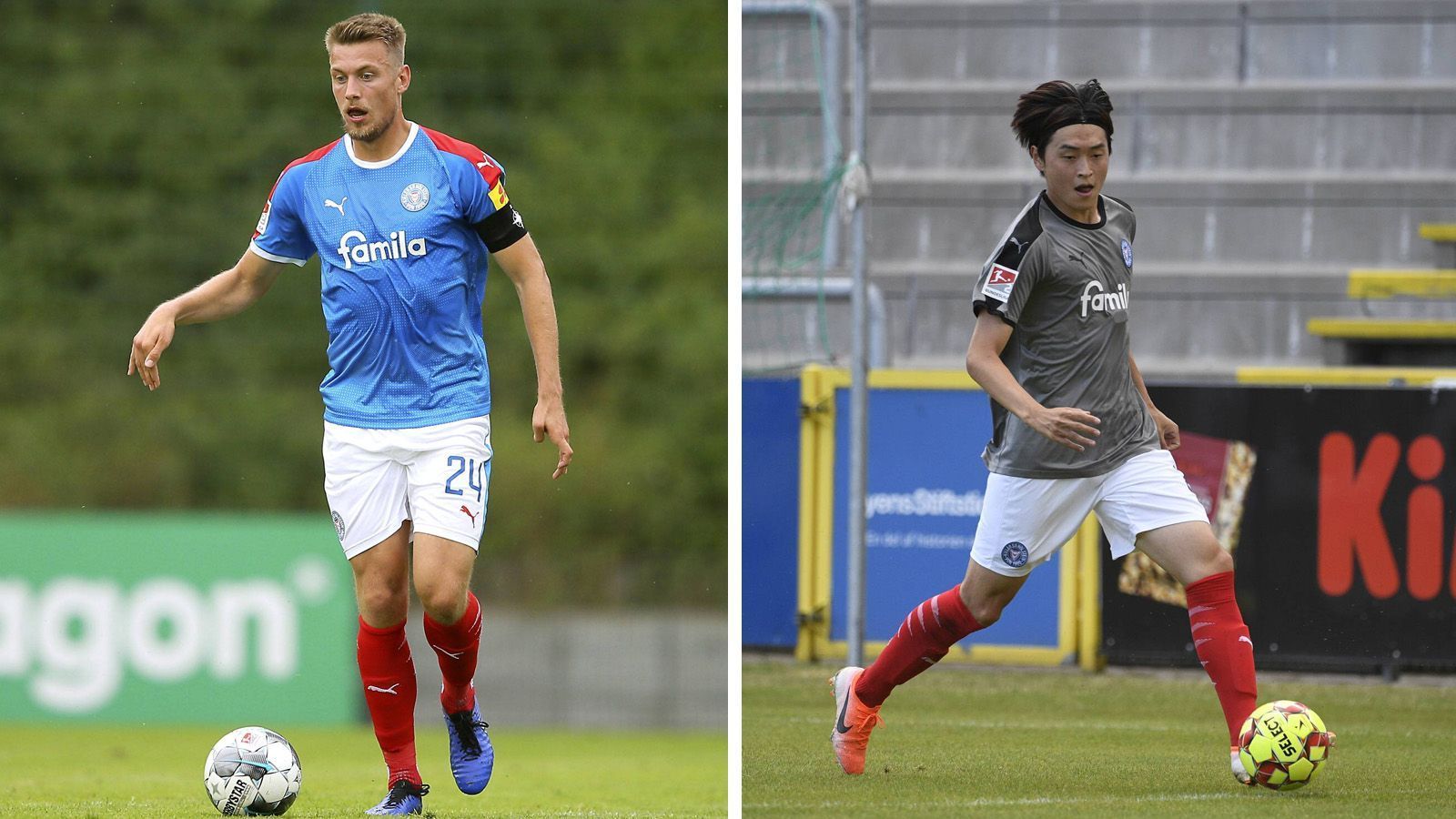 
                <strong>Holstein Kiel </strong><br>
                Neben dem Slogan "Kiel ahoi" im Nacken soll auch die Struktur des in Blau gehaltenen Heimtrikots (links) für Wasser, Wind und Holstein stehen - Symbole, die Kiel auszeichnen. Etwas trister kommt dagegen das graue Auswärtstrikot mit schwarzen Ärmeln daher.  
              