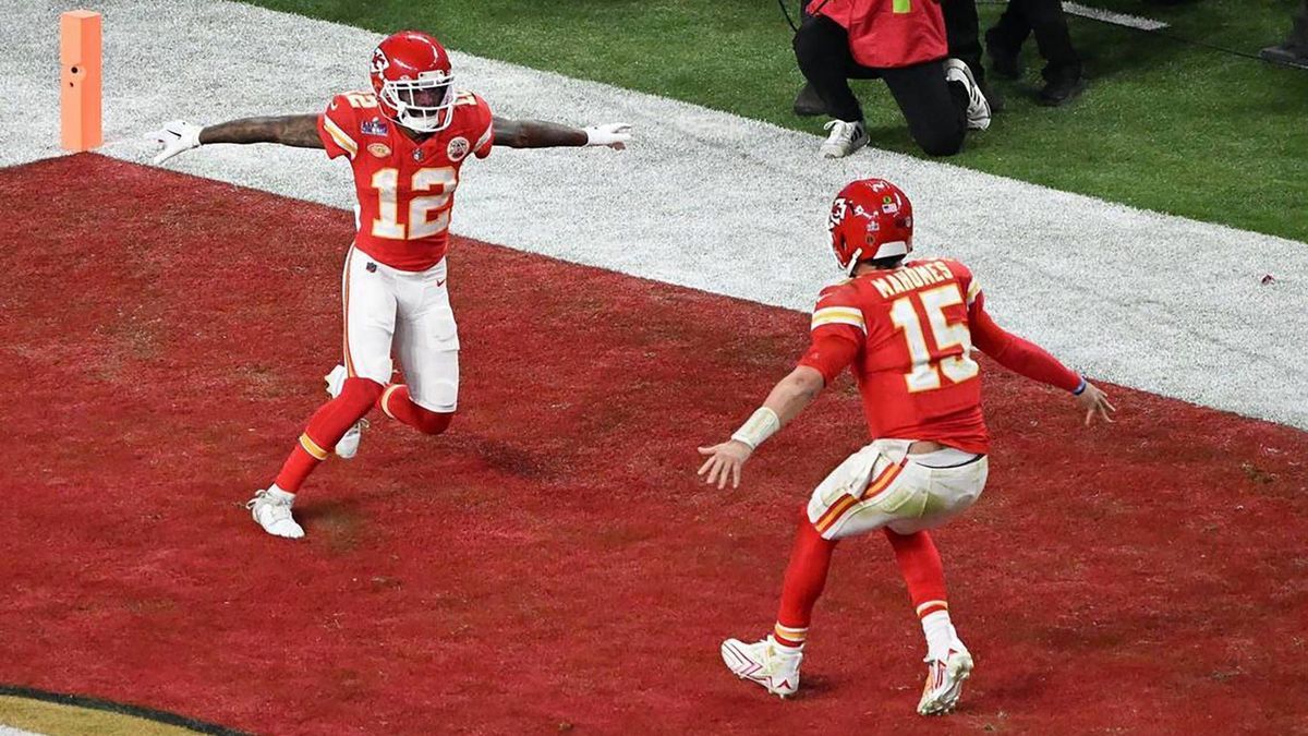 January 16, 2025: Kansas City Chiefs quarterback Patrick Mahomes (15) runs to wide receiver Mecole Hardman Jr. (12) after Hardman caught the game-winning touchdown reception in overtime to defeat t...