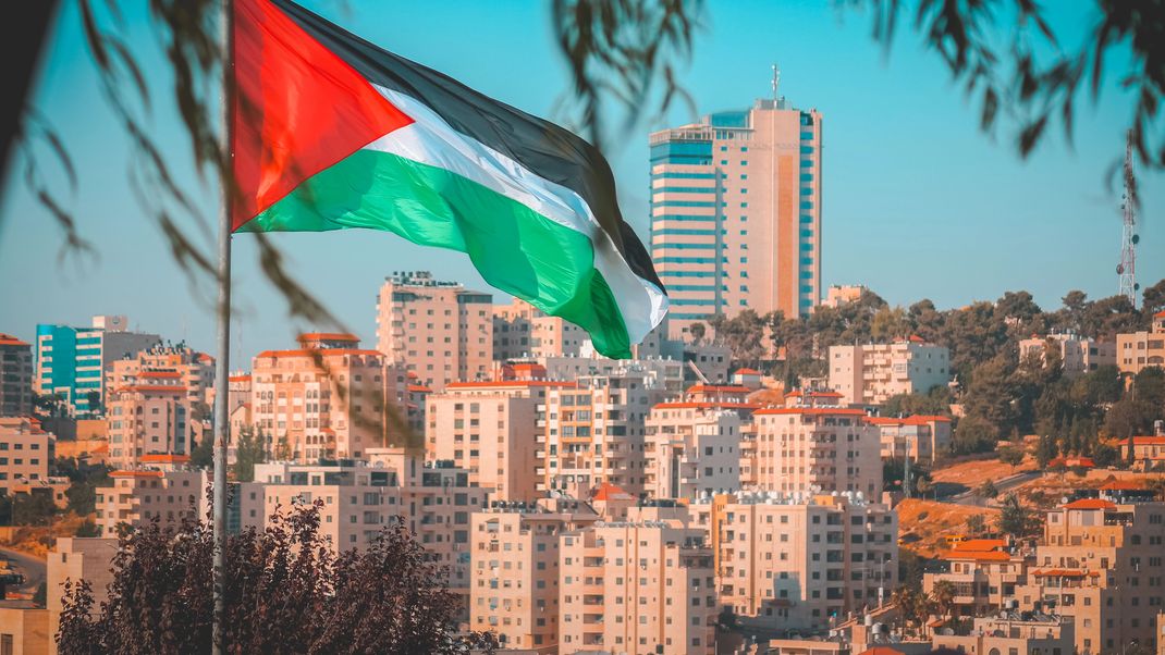 Palestine flag as through the tree with some city buildings at Ramallah