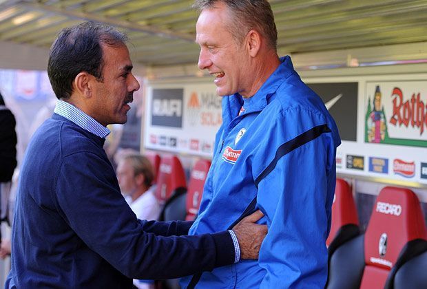 
                <strong>SC Freiburg - Hertha BSC 1:1</strong><br>
                Wie verdaut Freiburg die Doppelbelastung: Nach der Europa League sind Jos Luhukay (l.) und seine Hertha zu Gast bei Christian Streich im Breisgau
              