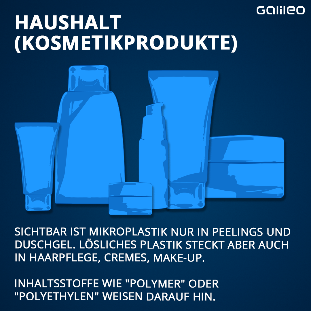 Sichtbar ist Mikroplastik nur in Peelings und Duschgel. Lösliches 
Plastik steckt aber auch in Haarpflege, Cremes, Make-up. Inhaltsstoffe 
wie "Polymer" oder "Polyethylen" weisen darauf hin.