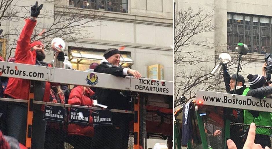 
                <strong>New England Patriots Super-Bowl-Parade</strong><br>
                Das erfolgreiche Trainer-Quarterback-Duo wurde von den Anhängern besonders freudig empfangen.
              