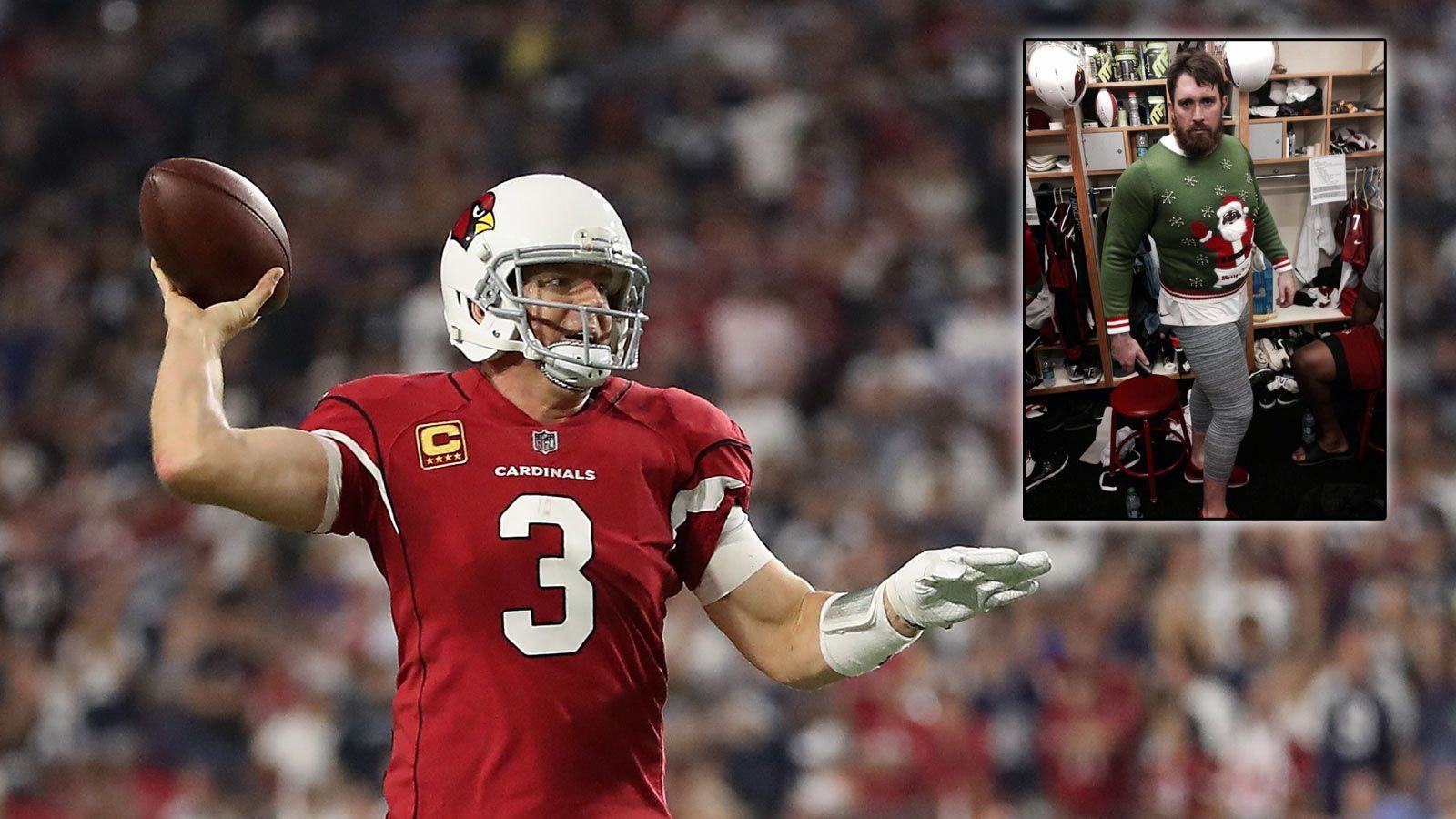 
                <strong>Carson Palmer</strong><br>
                Auch Carson Palmer ist ein Meister des Schenkens, wenn er es auch manchmal auf die Spitze treibt. 2013 schenkte er seinen O-Linern wenig schmeichelhafte Weihnachtspullover und zwang sie, diese auch anzuziehen. Andernfalls hätte es das richtige Geschenk nicht gegeben. Was im Anschluss folgte, ist leider nicht überliefert. Hoffen wir für Daryn Colledge, dass sich die Mühe gelohnt hat.
              