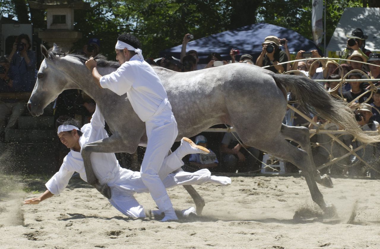 Junge Männer fangen ein Pferd ein beim Soma Nomaoi Festival. Die Samurai-Reiterspiele sind eine jahrhunderte alte Tradition. Die Soma-Region ist für seine Pferdezucht bekannt. Viele Menschen mussten nach dem Tsunami ihre Tiere sich selbst überlassen. Nach dem Reaktor-Unfall steht das Festival mehr denn je für Mut und Tapferkeit der Bevölkerung.