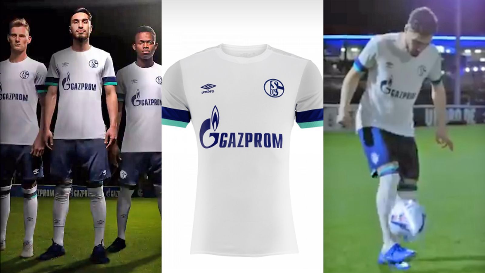 
                <strong>FC Schalke 04</strong><br>
                "Frisch, modern, cool" - mit diesem Slogan präsentiert der FC Schalke 04 das neue Auswärtstrikot. Dabei ist es weiß gehalten mit einer jadegrünen, königsblauen Farb-Kombination an den Ärmeln. Das Grün nimmt Bezug auf die Stadtfarben von Gelsenkirchen. Der restliche Arm-Bereich ist in einem Grau-Ton gehalten.
              