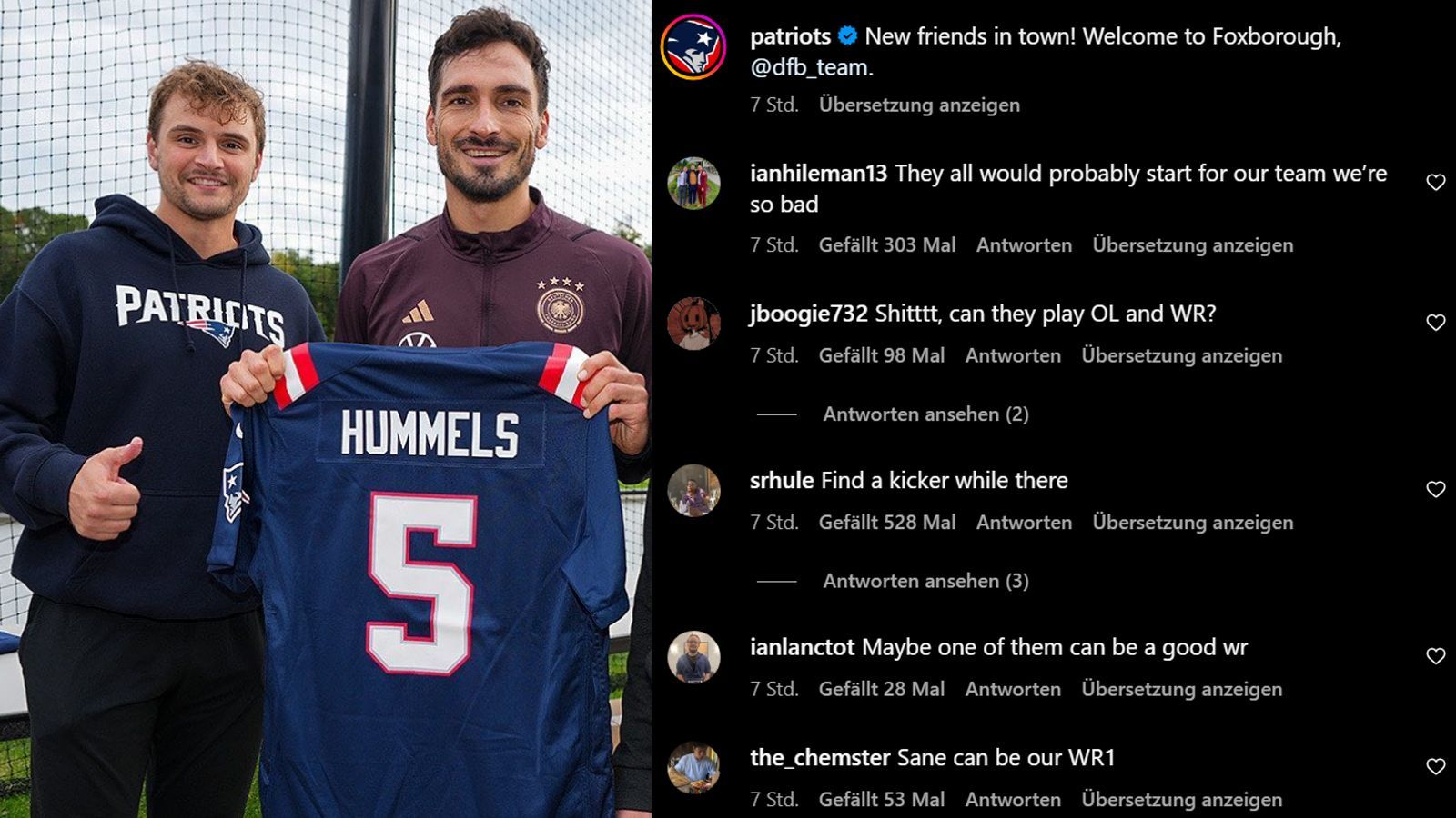 <strong>Sane als Receiver!</strong><br>Zumindest wenn es nach den Fans geht! Unter dem Instagram-Post der New England Patriots häufen sich amerikanische Fans, die zum Beispiel fragen, ob Leroy Sane auch als Receiver auflaufen kann. Oder ob ein neuer Kicker gefunden werden kann. Oder ob einer O-Line könnte.