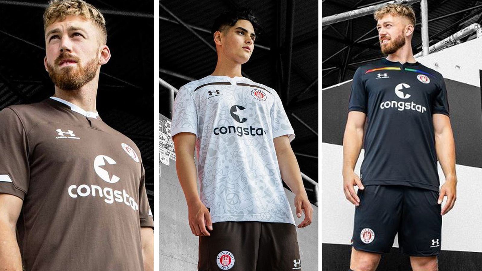 
                <strong>FC St. Pauli </strong><br>
                Mit seinem braunen Heimtrikot bleiben der Kiezklub seiner Tradition beim Design seiner Arbeitskleidung treu. Neben dem Vereinsnamen sind auf dem Trikot auch die Piktogramme eingearbeitet, die den Hamburger Kiezklub auszeichnen: Herz, Stern und Anker. Mit ihrem Auswärtstrikot (Mitte) und Ausweichtrikot (rechts) wollen die Hamburger ein Zeichen für Toleranz, Mut und Diversität setzen. Auf dem Auswärtstrikot wird das durch verschiedene Symbole und Grafiken dargestellt, auf dem schwarzen Ausweichtrikot sind es Regenbogenfarben als schmaler Querstreifen auf Brusthöhe.
              