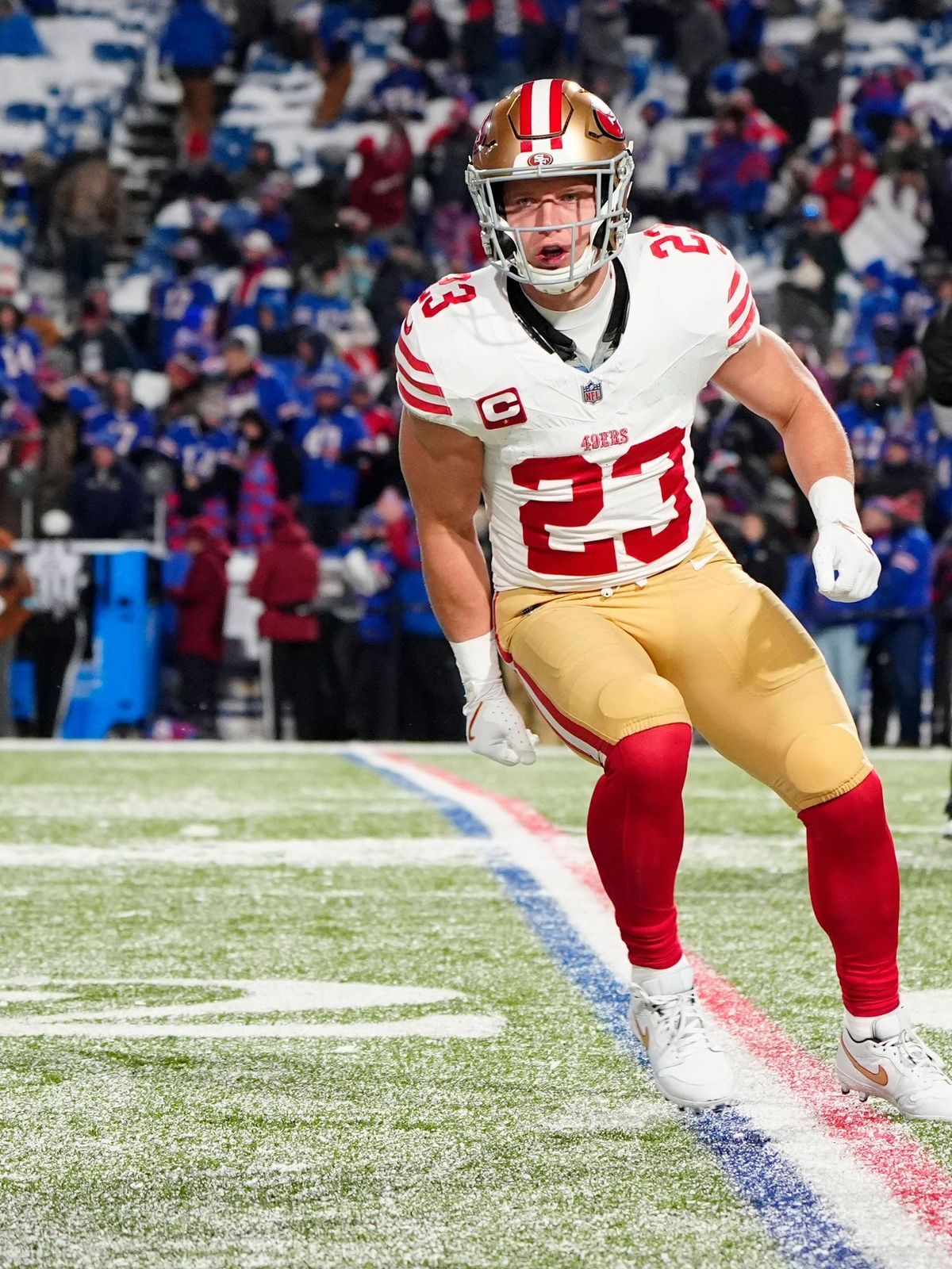 NFL, American Football Herren, USA San Francisco 49ers at Buffalo Bills Dec 1, 2024; Orchard Park, New York, USA; San Francisco 49ers running back Christian McCaffrey (23) warms up prior to the gam...