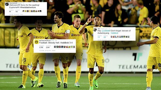 
                <strong>Borussia-Dortmund</strong><br>
                Was für ein Spiel! Dortmund dreht im Hinspiel der Europa-League-Playoffs bei Odds Bk ein 0:3 in ein 4:3. Aber nicht nur auf dem Platz geht es hoch her, sondern auch bei Twitter liefern sich die Klubs einen lustigen Schlagabtausch, bei dem auch der Wolfsberger AC immer wieder mitmischt. ran.de zeigt euch die lustigsten Tweets.
              