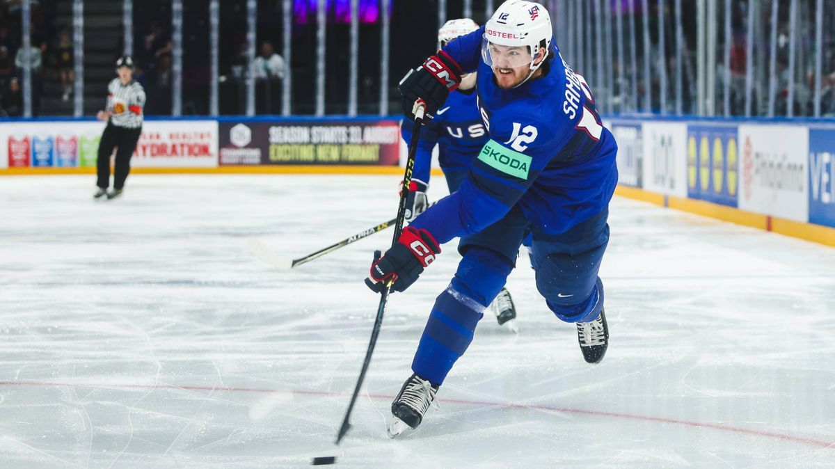 Ice hockey, Eishockey - IIHF WC 2023 TAMPERE,FINLAND,14.MAY.23 - ICE HOCKEY - IIHF Ice Hockey World Championship, WM, Weltmeisterschaft 2023, group stage, USA vs Hungary. Image shows Dylan Samberg ...