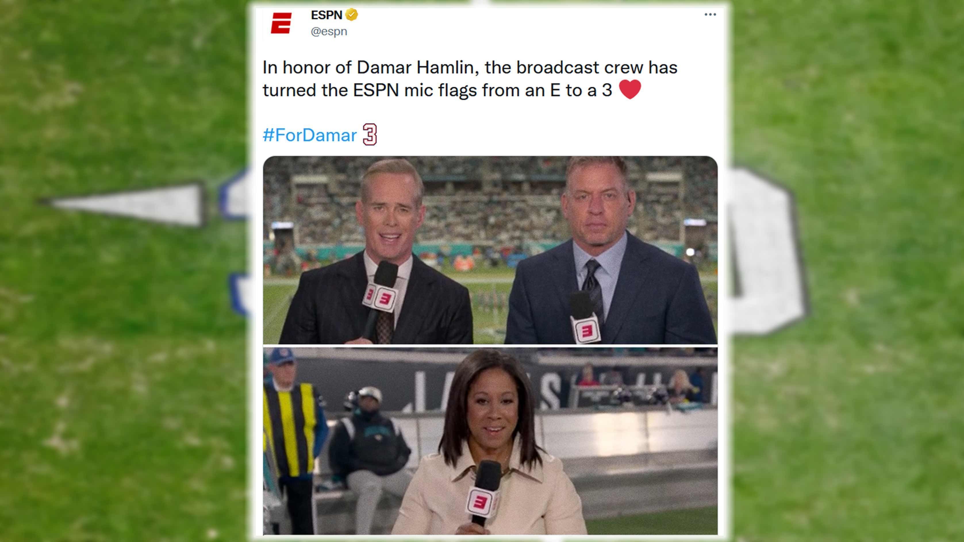 
                <strong>ESPN</strong><br>
                Schöne Geste auch von "ESPN", die das Logo auf den Mikrofonen der Moderatoren und Experten einfach umdrehten. So wurde aus dem "E" eine "3" für die Trikotnummer von Damar Hamlin.
              