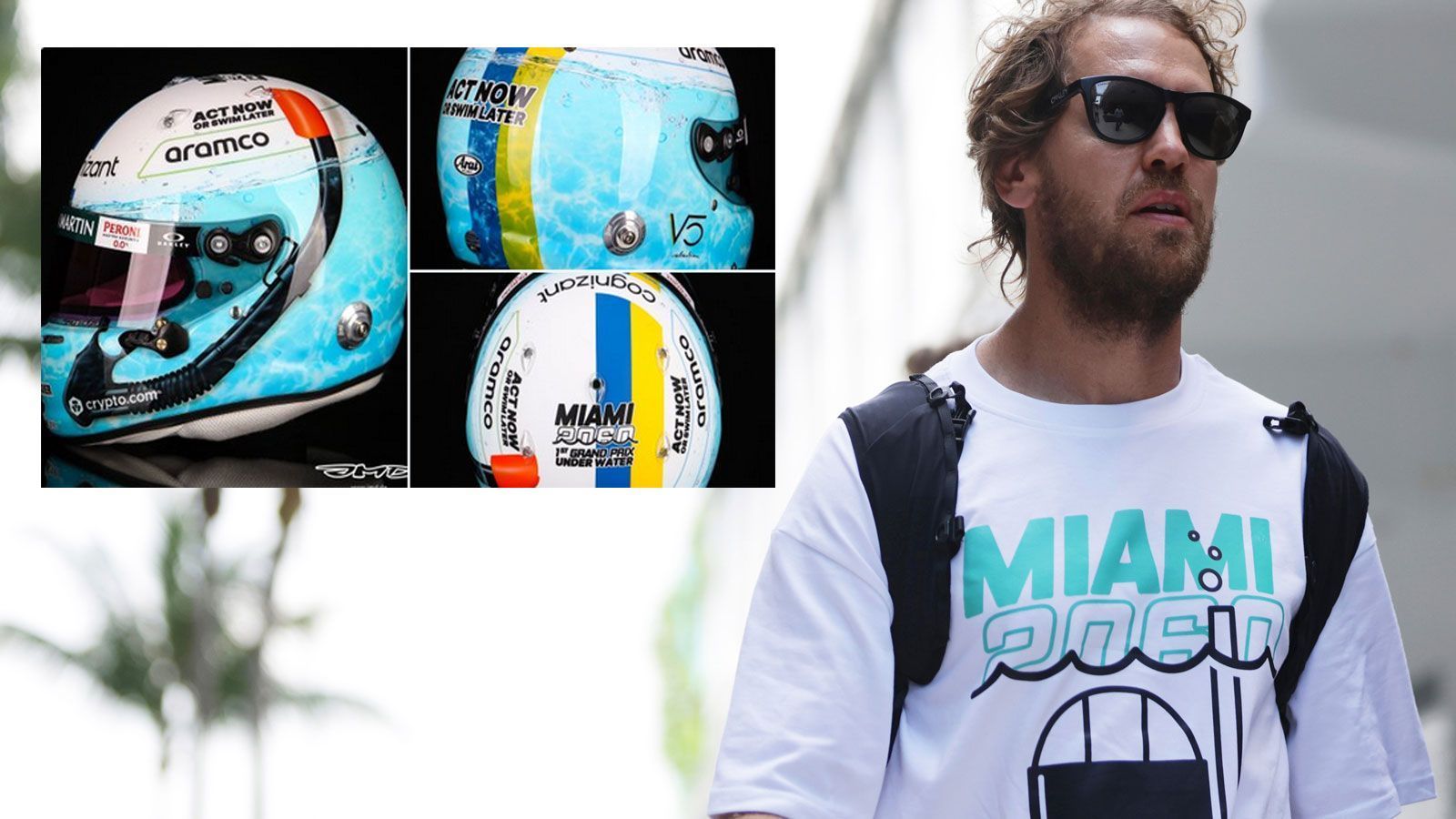 
                <strong>Sebastian Vettel</strong><br>
                Neue Strecke, neue Helme - einige Formel-1-Fahrer glänzen beim Grand Prix in Miami mit ganz besonderen Designs. Auch Sebastian Vettel putzt sich besonders heraus - und verbreitet dabei auch eine Botschaft. Sein Kopfschmuck mit Ukraine-Tribut ziert diesmal auch eine Wasseroptik samt Schnorchel. Das Nass steht dem Aston-Martin-Fahrer quasi bis zur Stirn. Damit spielt der viermalige Weltmeister einmal mehr auf den Klimawandel und auch auf den steigenden Meeresspiegel an. Auf dem Helm ist auch zu lesen: "Miami 2060 - der erste Grand Prix unter Wasser" und "Jetzt handeln oder später schwimmen". Miami liegt an der Ostküste der USA und damit am Atlantischen Ozean. ran zeigt die weiteren neuen Helme für das besondere Rennwochenende.
              