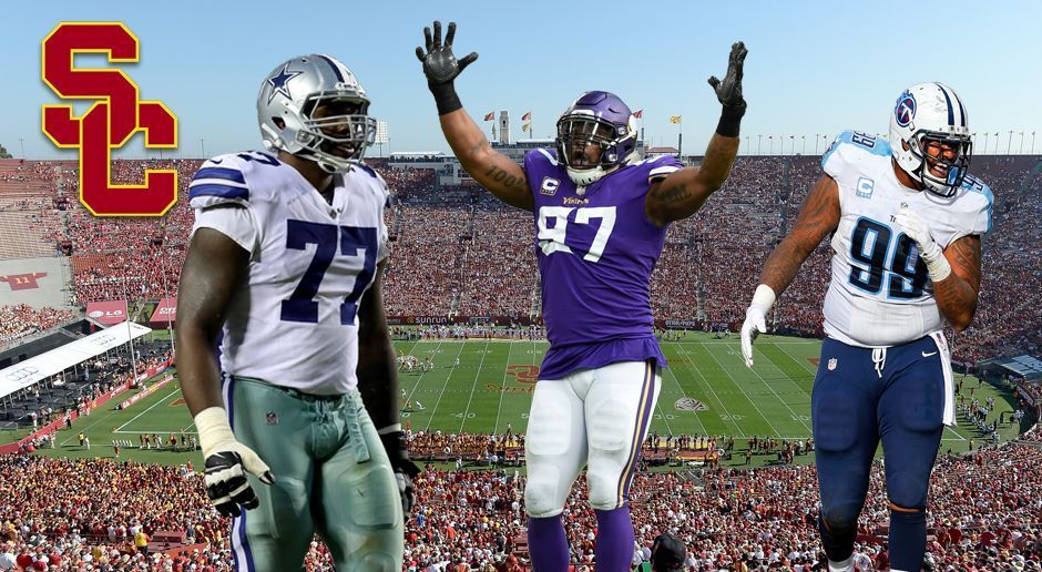 
                <strong>University of Southern California (USC) </strong><br>
                3 Spieler (von links nach rechts):Tyron Smith, OT,  Dallas CowboysEverson Griffen, DE, Minnesota VikingsJurrell Casey, DE, Tennessee Titans
              
