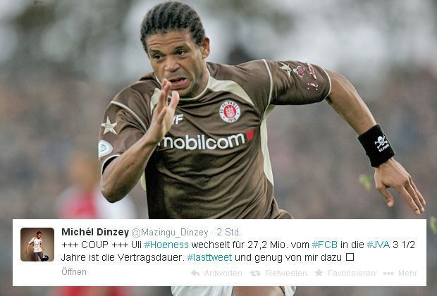 
                <strong>Michel Dinzez (Ehemaliger Fußball-Profi)</strong><br>
                Der Ex-Profi via twitter: "+++ COUP +++ Uli #Hoeness wechselt für 27,2 Mio. vom #FCB in die #JVA 3 1/2 Jahre ist die Vertragsdauer. #lasttweet und genug von mir dazu."
              