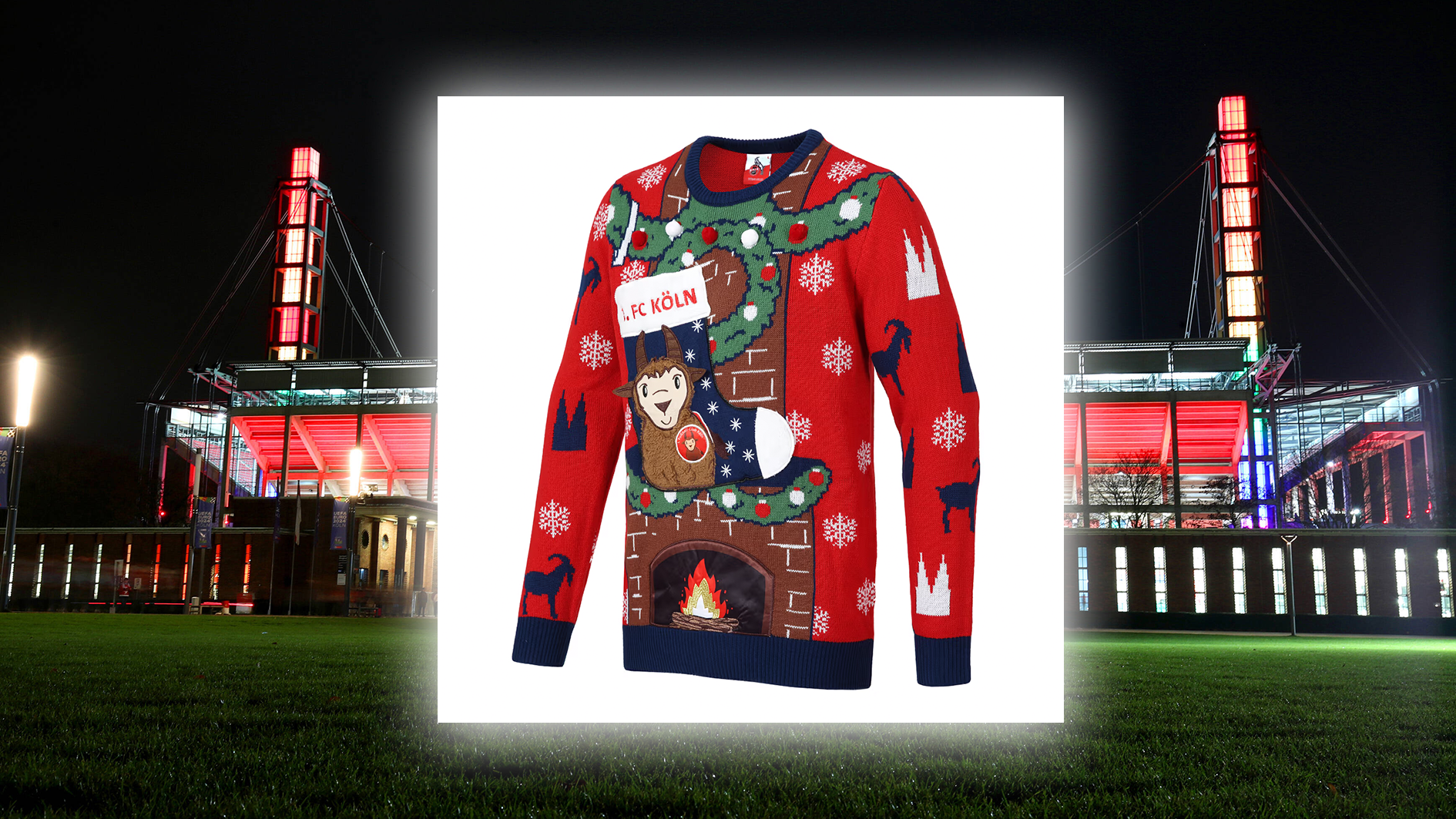 <strong>1. FC Köln</strong><br>Unter dem Namen "SCHÄBBISCH PULLI" verkauft der 1. FC Köln eine der kreativsten Varianten der Ugly Christmas Sweater - inklusive einer befüllbaren Hennes-Weihnachtssocke!