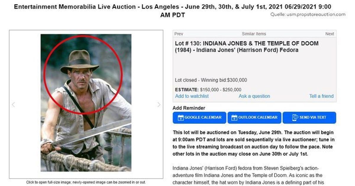 Für 300.000 Dollar: Harrison Fords "Indiana Jones"-Hut versteigert
