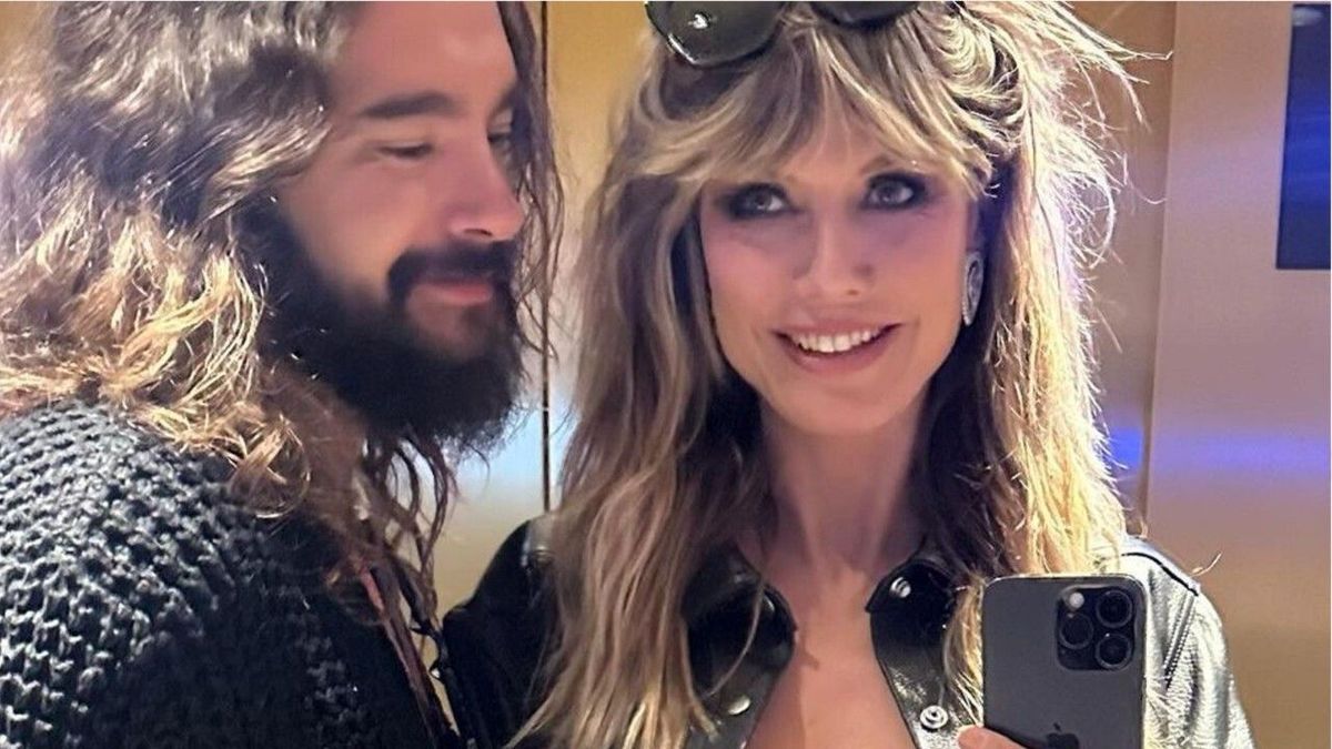 Heidi Klum ohne BH in Leder und Netzstrumpfhose