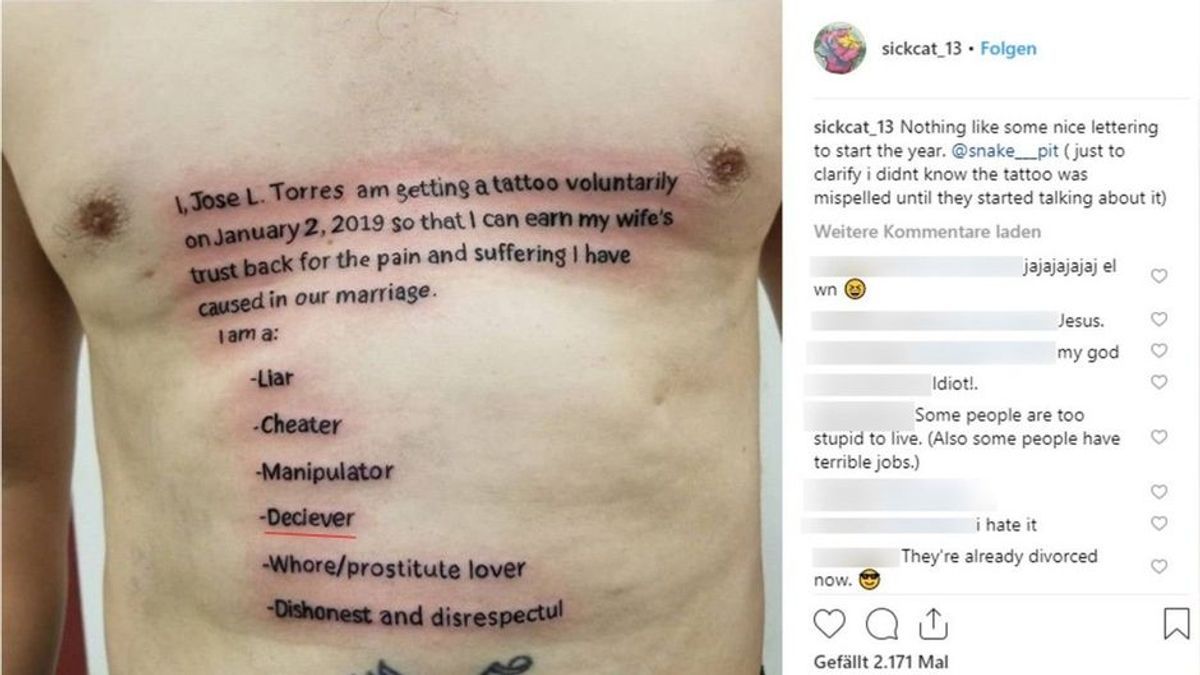 "Ich bin ein Lügner und Betrüger": Reumütiger Ehemann lässt sich besonderes Tattoo stechen