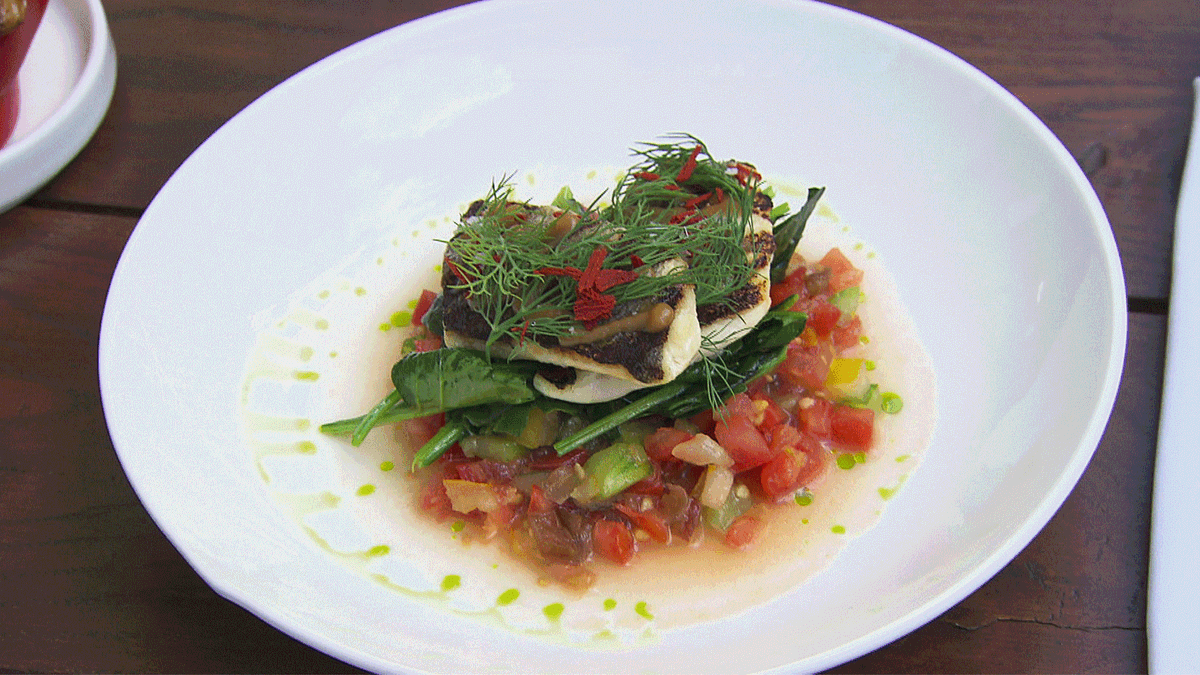 Frischer Wolfsbarsch mit Spinat und Tomaten-Concassée