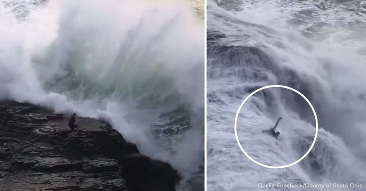 Dramatisches Video zeigt: Mann wird von riesiger Welle ins Meer gerissen