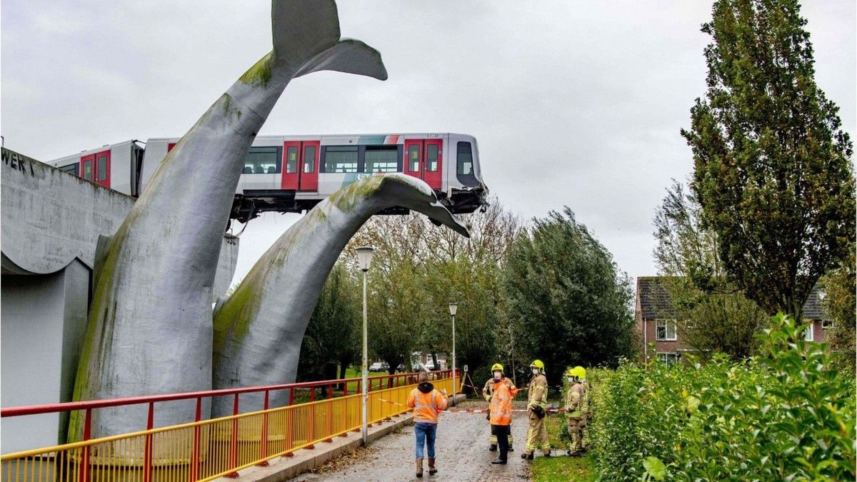 Spektakulärer Unfall: Wal-Skulptur aus Stahl hält Zug auf